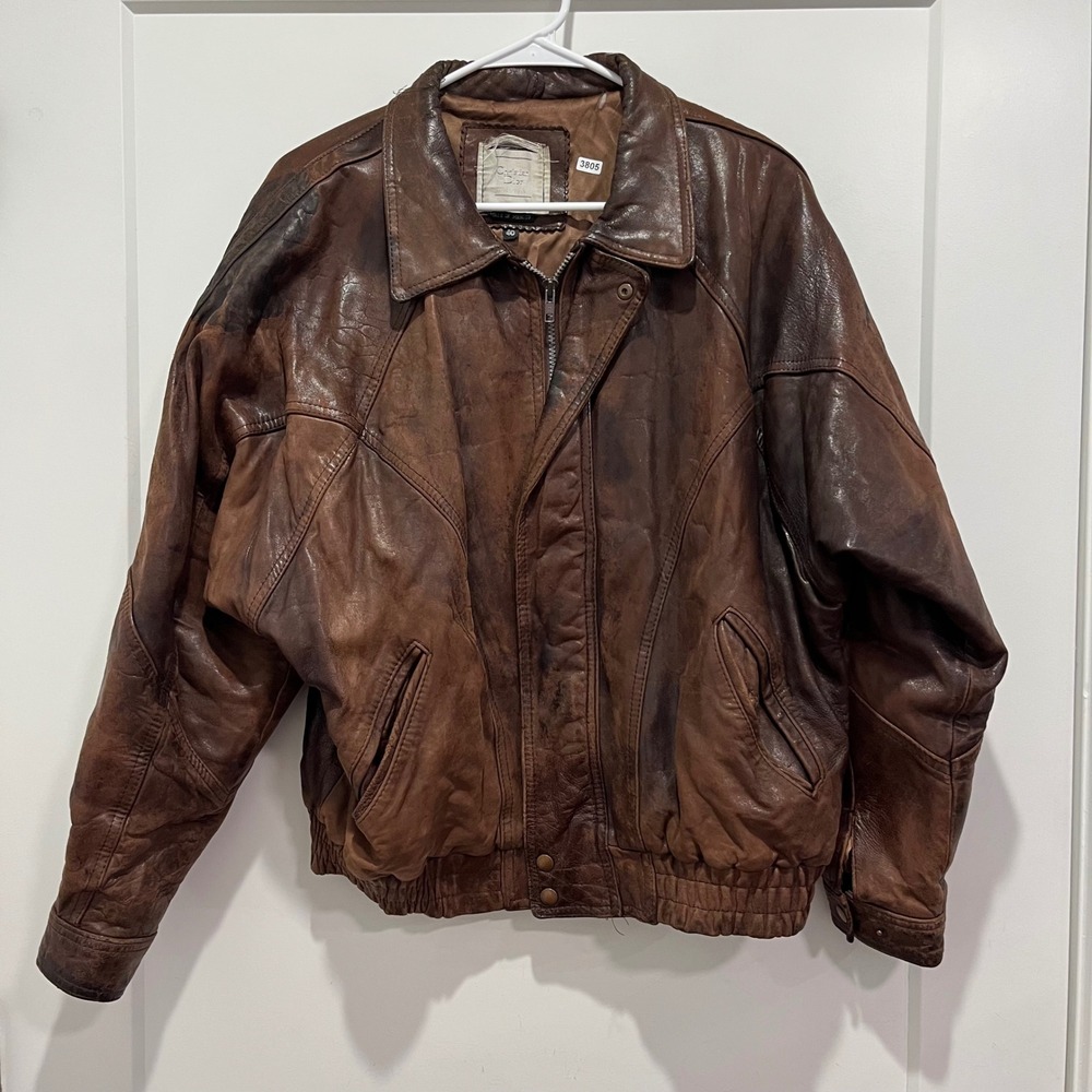 Christian Dior Vintage Brown Leather Bomber Jacket Mens 40 Distressed Zip Up